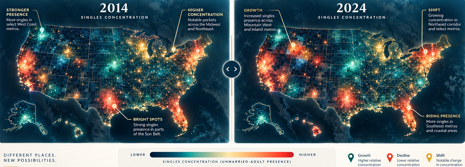 Illustrative side-by-side 2014 and 2024 U.S. map concept. This is a synthetic visualization, not measured NDS concentrations.